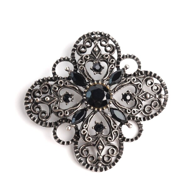 Rare Florenza Signed Cross Brooch Black Rhinestone Brooch Pin Vintage - Picture 1 of 16